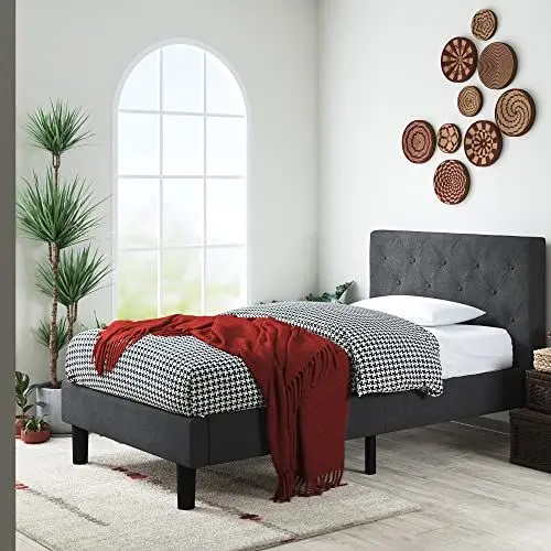 Produktbild: Zinus Shalini Bett 100x200 cm - Höhe 35 cm - Gepolsterter Plattform Bettrahmen mit Holzlattenrost - Dark Grey