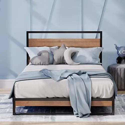 Produktbild: Zinus Suzanne Bett 100x200 cm - Höhe 18 cm - Metall und Holz Plattform Bettrahmen mit Holz Lattenrost - Braun und Schwarz