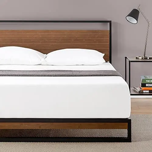 Produktbild: Zinus Suzanne Bett 180x200 cm - Höhe 18 cm - Bambus und Metall Plattform Bettgestell mit Holzlattenrost - Braun und Schwarz