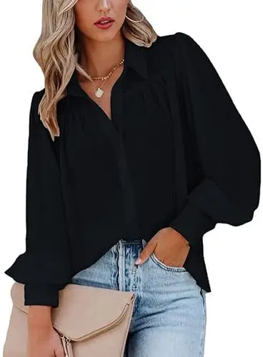 Produktbild: ZIOOER Damen Langarm Hemd Elegant V-Ausschnitt Bluse Leicht Atmungsaktiv Einfarbig Lose Blusen Button-Down Schwarz S