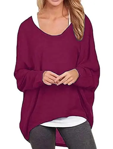 Produktbild: ZIOOER Damen Fledermausärmel Lose Asymmetrisch Jumper Bluse Langarmshirts Oberteil Hemd Pullover Oversize Tops Shirt Fuchsie XXL