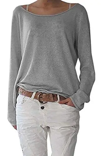 Produktbild: ZIOOER Damen Pulli Langarm T-Shirt Rundhals Ausschnitt Lose Bluse Langarmshirts Hemd Pullover Sweatshirt Oberteil Tops Shirts A Grau L