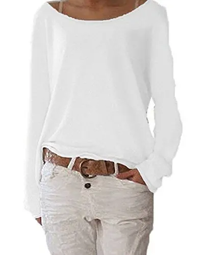 Produktbild: ZIOOER Damen Pulli Langarm T-Shirt Rundhals Ausschnitt Lose Bluse Langarmshirts Hemd Pullover Sweatshirt Oberteil Tops Shirts B Weiß XL