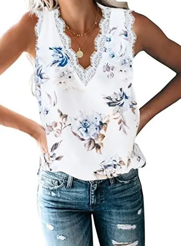 Produktbild: ZIOOER Damen Tank Top Sommer Chiffon Ärmellose Blusentop Spitzen V-Ausschnitt Weste Top Casual Tops Bluse Weiß2 L