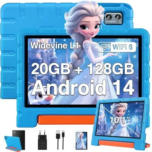 Produktbild: ZIOVO Kinder Tablet 10 Zoll Android 14 mit 20 GB RAM+128GB ROM(TF 1TB), WiFi 6, Octa-Core, Widevine L1, Kindersicherung, 6000mAh, BT 5.0, GMS Certified Kids Tablet mit Eva Case - Blau