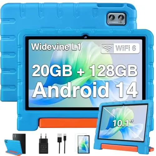 Produktbild: ZIOVO Kinder Tablet 10 Zoll Android 14 mit 20 GB RAM+128GB ROM(TF 1TB), WiFi 6, Octa-Core, Widevine L1, Kindersicherung, 6000mAh, BT 5.0, GMS Certified Kids Tablet mit Eva Case - Rosa