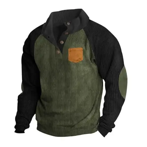 Produktbild: Zip Pullover Herren Lässig Knopfleiste Sweatshirts Arbeitspullover Weißer Pullover Herren Leichte Herren Langarmshirt Baumwolle Stillpullover Retro Herbst Winter Meine Bestellungen（1-Army Green，S）