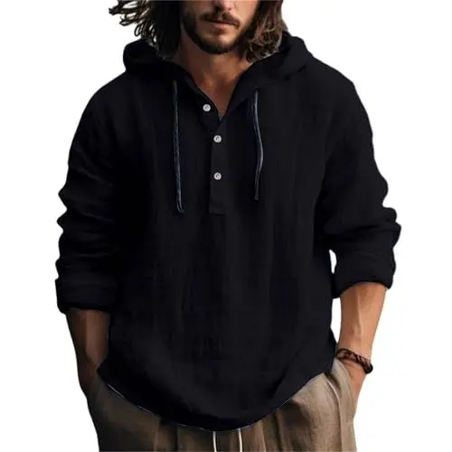 Produktbild: Zipper Hoodie Herren Kapuzenpullover Herren Baumwolle Leinen Sommerpullover Leicht Sweatshirt Mode Leinenhemd Knopf Aufhänger Hoodie Langarm Freizeithemd Hemd Männer S-XXXL Schwarz 3XL