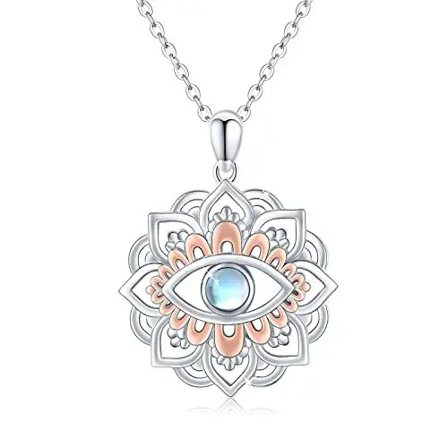 Produktbild: ZIPPICE Lotus Blume Halskette Sterling Silber Blume Yoga Ohrstecker Regenbogen Mondstein Halskette Buddha Lotus Anhänger Schmuck für Frauen Yoga Liebhaber (Roségold)