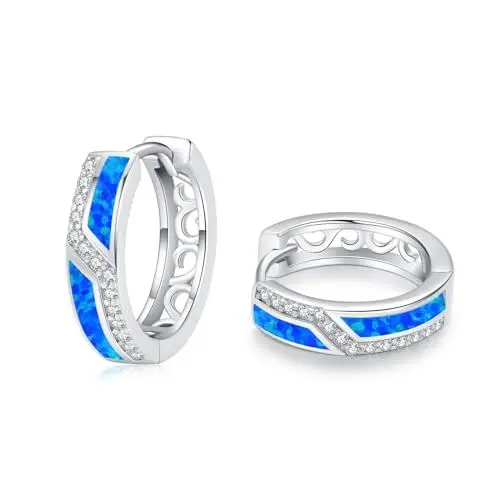 Produktbild: ZIPPICE Blau Opal Ohrringe Damen 925 Sterling Silber Creolen Klein Opal Schmuck Geschenke für Frauen Ehefrau Mädchen