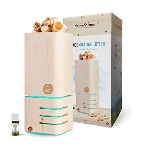 Produktbild: Zirben Familie® ZirbenRaumlüfter | Zirbenholz Aroma Diffuser mit LED-Beleuchtung | Luftbefeuchter für ätherische Öle | einzigartiger Zirbenduft