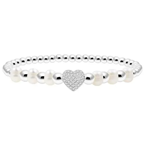 Produktbild: Zircobic Symbolik, Reinheit, Perlen-Charm, klassisches Perlen-Herz-Perlen-Stretch-Armband | Elegantes zartes Perlendesign mit Zirkonia-Freundschafts-Charm-Armbändern YA4767