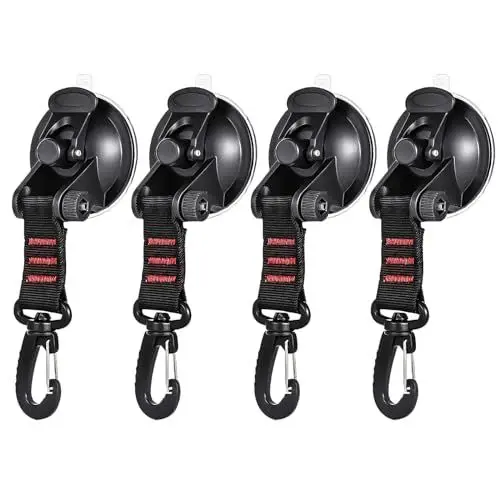 Produktbild: ZITUZY 4 Stücke Saugnapf Camping Set, Camping Saugnäpfe mit Haken Extra Stark, Saugnapf Anker mit Befestigung, für Zuhause, Camping, Auto, Vorzelt (Schwarz Rot)