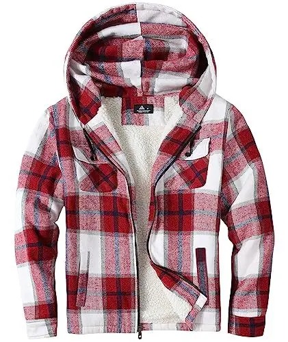 Produktbild: zitysport Hemdjacke Herren Hemd Sherpa Fleece Kariert Gefüttert Kapuzenpullover Fleecefutter Mantel Winter Jacke mit Taschen Flanellhemd Kariertes Männer Sweatjacke mit Kapuze(Rot und weiß,XL)