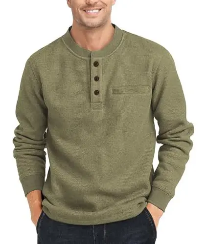 Produktbild: Zitysport Henley Shirt Herren Langarm - Casual Waffel Hemd Männer Thermal Freizeithemd 3-Knopf Classic T-Shirt Mit Brusttasche Langarmshirt Pullover (Grün, L)