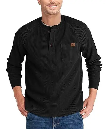 Produktbild: Zitysport Henley Shirt Herren Langarm Casual Waffel Hemd Männer Thermal Freizeithemd 3-Knopf Classic T-Shirt Mit Brusttasche Langarmshirt Pullover (Schwarz, 3XL)