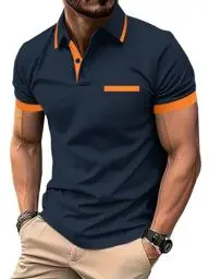 Produktbild: zitysport Poloshirt Herren Kurzarm Shirt Atmungsaktives Golf Polo Shirt Männer Sommer Shirts Sport Basic Slim Fit Tshirt mit Brusttasche Polohemd(Orange Marineblau-L)