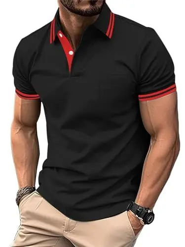 Produktbild: zitysport Poloshirt Herren Kurzarm Shirt Atmungsaktives Golf Polo Shirt Männer Sommer Shirts Sport Basic Slim Fit Tshirt mit Brusttasche Polohemd(Schwarz-L)