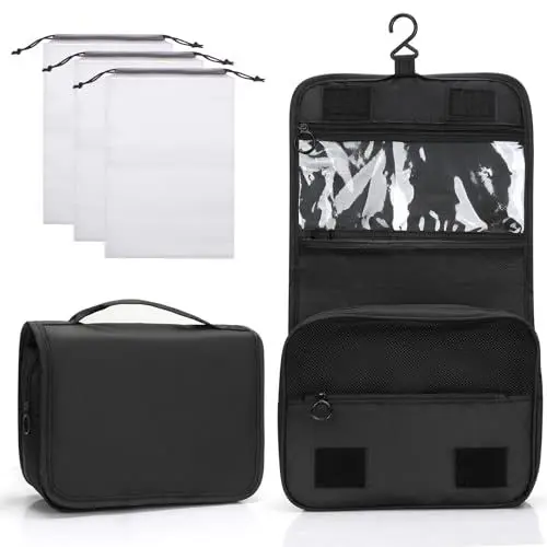 Produktbild: Zivacate Kulturtasche zum Aufhängen, wasserdichte Kosmetiktasche, Kulturbeutel mit Griff, Faltbare Tragbare Waschtasche mit 3 Kordelzug Organizer Tasche für Reisen, Geschäft, Fitness, Camping –Schwarz