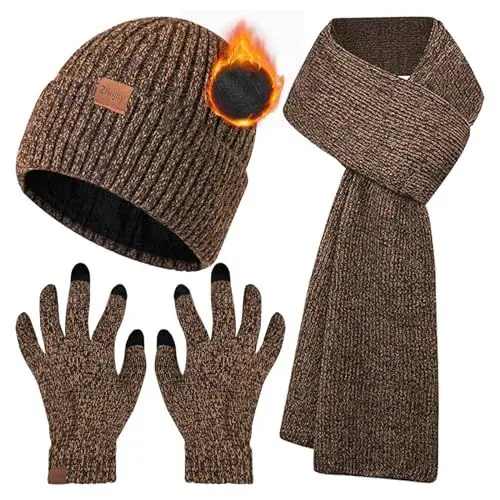 Produktbild: Ziwijity Schal Mütze und Touchscreen Handschuhe Set Für Herren Damen，Winter 3 In 1 Mütze Schal Handschuh Beanie Strickmütze Langer Schal Verdickte Und Weiche Wolle (Khaki)