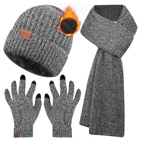 Produktbild: Ziwijity Schal Mütze und Touchscreen Handschuhe Set Für Herren Damen，Winter 3 In 1 Mütze Schal Handschuh Beanie Strickmütze Langer Schal Verdickte Und Weiche Wolle (Sisal grau)