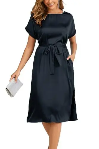 Produktbild: ZIYYOOHY Damen Cocktailkleid Glitzer Rundhalsausschnitt Satin Fledermausärmel Sommerkleid Elegant Kurze Ärmel Party Casual Midikleid Lose A-Linie Abendkleider mit Gürtel(6023 BK L)