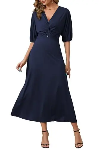 Produktbild: ZIYYOOHY Damen Elegant Lang Kleider V-Ausschnitt Twist 3/4 Fledermausärmel Casual Wickel Kleid Partykleid(6031 MB XL)