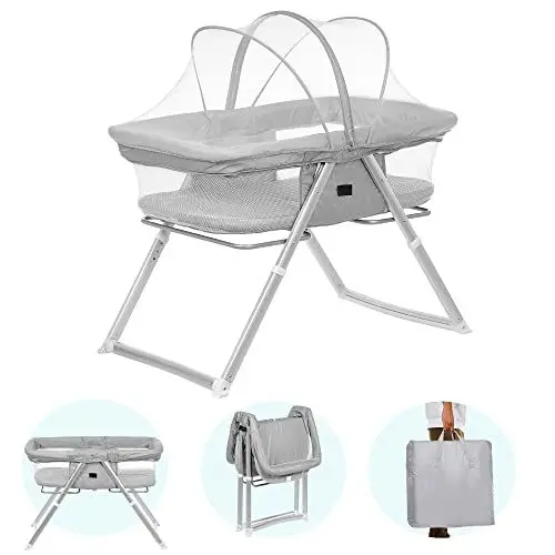 Produktbild: Zizito Babybett 2 in 1 Babywiege ab Geburt Kinderreisebett Faltbar Stubenwagen mit Rollen Baby Bett Babyschaukel Reisebett Baby Wiege bis 15 KG mit Tragetasche (Hellgrau)