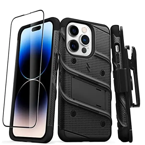 Produktbild: ZIZO Bolt Bundle Schutzhülle für iPhone 14 Pro (6.1) mit Displayschutzfolie, Kickstand Holster Lanyard – Schwarz