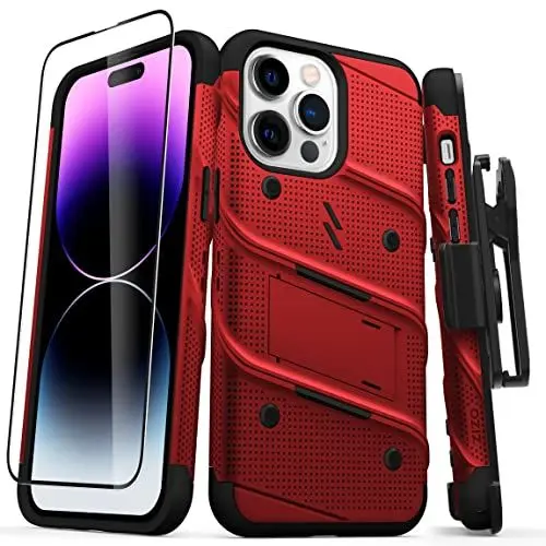 Produktbild: ZIZO Bolt Bundle Schutzhülle für iPhone 14 Pro Max (6,7) mit Displayschutzfolie, Kickstand Holster Lanyard – Rot