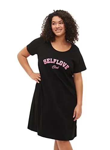 Produktbild: Zizzi Damen Große Größen Nachthemd Baumwolle Kurze Ärmel Gr 42-44 Black w. Self