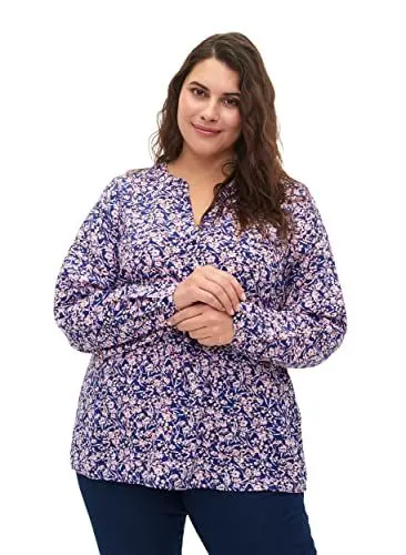 Produktbild: Zizzi Flash by Damen Große Größen Bluse Print Lange Ärmel Gr 46-48 Strong Blue Flower