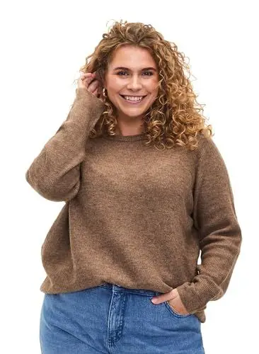 Produktbild: Zizzi Frauen Große Größen Gestrickter Pullover Rippenstrick Rundhals Größe Gr M Caribou Mel.