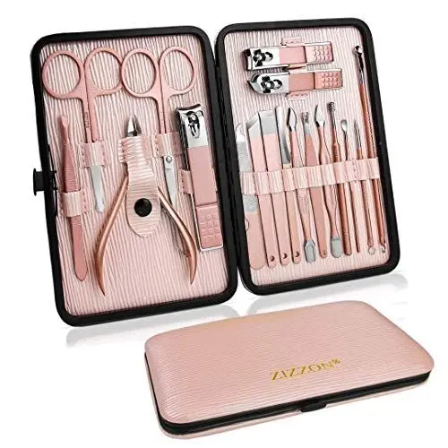 Produktbild: ZIZZON Maniküre-Set 18 in 1 Professionelles Pediküre-Set Nagelschere Grooming Kit mit Leder Kulturbeutel in Pink