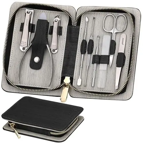 Produktbild: ZIZZON Maniküre-Set, professionelles Zehennagel- und Fingernagelknipser-Set aus Edelstahl, 9-in-1-Pediküre- und Pflegeset mit PU-Lederetuia (Schwarz)