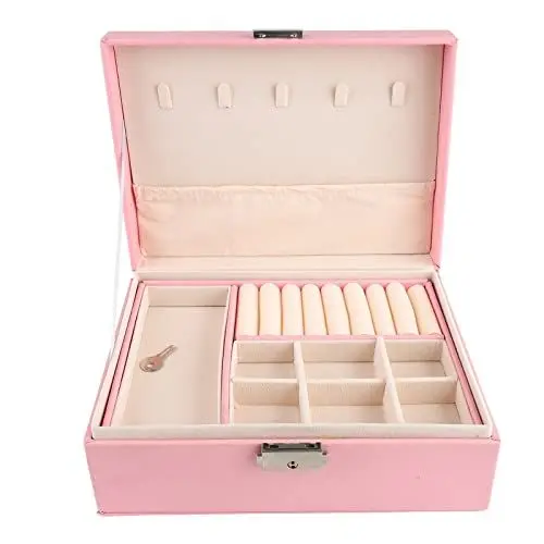 Produktbild: ZJchao Schmuckkästchen für Damen, Doppellagige Schmuck-Aufbewahrungsbox, Abnehmbare Trennwand, PU-Schmuck-Vitrine für Halskette, Ring, Schmuck-Aufbewahrungsbox,