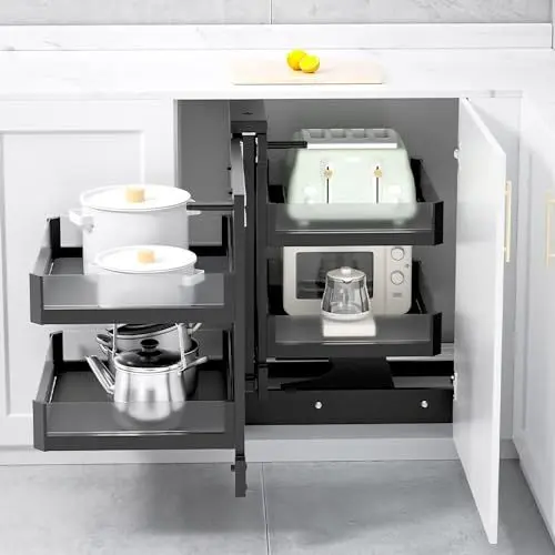 Produktbild: ZJFJMBD Ausziehbarer Eckschrank Organizer mit 4 Körben, herausziehbares Topf und Geschirrregal, robuster Küchenschrank, Jalousie, vollständig ausziehbarer Aufbewahrungsorganisator für Zuhause