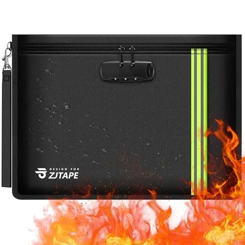 Produktbild: ZJTAPE Feuerfeste und wasserdichte Tasche mit Schloss - Dokumentetasche mit Reflektierendem Streifen, Glasfasermaterial Feuerfeste Aktentasche für Passport、Geldtasche、Zertifikate und Wertsachen