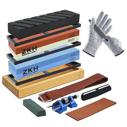 Produktbild: ZKH 13-teiliger Schleifstein, Körnung 400/1000 und 3000/8000 Professioneller Messerschärfer, Bambusfuß, Silikonhalter, Winkel- und Läppanschlag, Rasierleder, Handschuhe, Grünes Gemisch