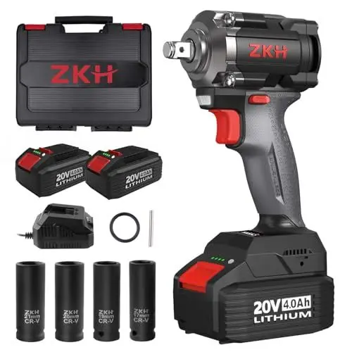 Produktbild: ZKH Akku Schlagschrauber set 20v,1/2 Zoll Bürstenloser Motor,Max Drehmoment 380NM,2500 RPM,2x4.0Ah Batterie,Drehschlagschrauber mit Schnell Ladegerät, für Familienautos.