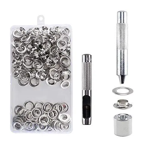 Produktbild: 100 Sätze Ösen Werkzeug Set, Ösen Scheiben Ösenzange Kit, 10mm (2/5 Zoll) Metall Tülle Ösen Grommets Setzwerkzeug Ösenzange mit Stanzwerkzeug für Plane, Markisen, Leder, Vorhang
