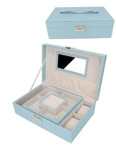 Produktbild: ZLXHDL Schmuckkästchen groß, 30 x 20 x 9 cm, 2-lagige Schmuckaufbewahrungsbox aus PU-Leder mit Spiegel, Organizer für Ringe, Ohrringe, Ketten, Uhren – Schmuckbox Damen Geschenk