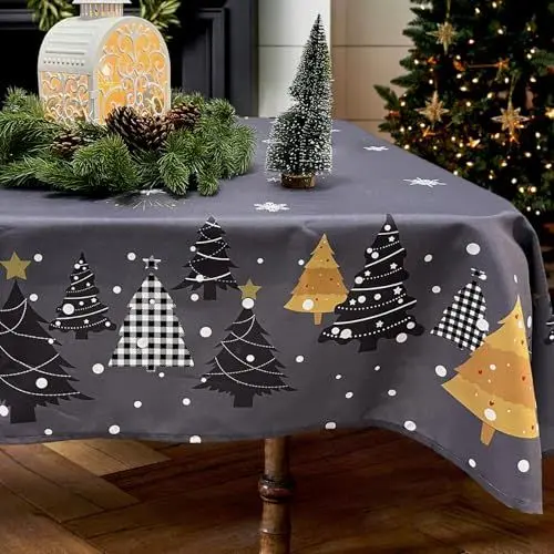 Produktbild: Zmorfiya Weihnachten Tischdecke, Dunkelgrau Abwaschbar Tischdecke 130x220cm, Wasserabweisend Tischtuch mit Schneeflocke Tannenbaum Feuerwerk, Rechteckig Tischwäsche Deko für Winter Party