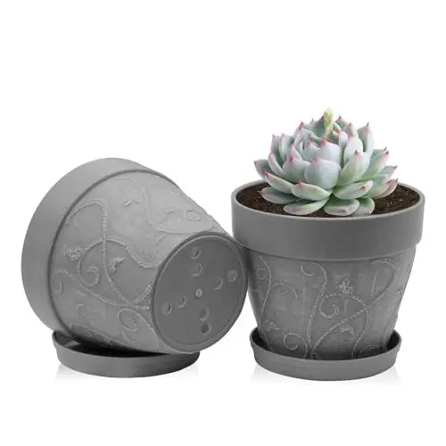 Produktbild: ZMTECH 17,5 cm Blumentopf mit untersetzer, 7 Zoll Kunststoff Terrakotta-Look Pflanzkübel mit Drainagelöchern, Rund Medium übertopf für Innen Draußen Kräuterhaus Pflanzen(Grau, 2er-Set)