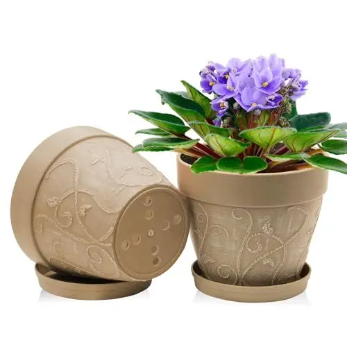 Produktbild: ZMTECH 20 cm Blumentopf mit untersetzer, 8 Zoll Kunststoff Terrakotta-Look Pflanzkübel mit Drainagelöchern, Rund Medium übertopf für Innen Draußen Kräuterhaus Pflanzen (Hellbraun,2er-Set)