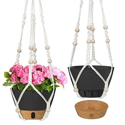 Produktbild: ZMTECH 20 cm Makramee Hängeampel für Innen- und Außenpflanzen Selbstbewässerung Hängeampel mit Korb Blumentopf mit Abflussloch und sichtbarem Wasserstand Pflanztopf Untersetzer (Schwarz, 2er-Set)