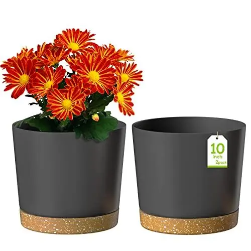 Produktbild: ZMTECH Blumentopf 25 cm Durchmesser übertöpfe für zimmerpflanzen, Kunststoff blumentöpfe mit Untersetzer und Abflusslöchern, Rund pflanztöpfe für Innen Außen Pflanzen(2er-Set, Dunkel Grau)