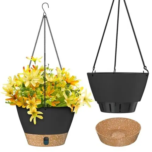Produktbild: ZMTECH Hängetopf für Pflanzen, 25cm Blumentopf Ampel Hängend, Kunststoff Hänge Blumentopf mit Untersetzer für Außen Draußen Deko für Garten Balkon Wohnzimmer(2er-Set, Dunkelgrau)