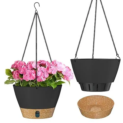 Produktbild: ZMTECH Hängetopf für Pflanzen, 20cm Blumentopf Ampel Hängend, Kunststoff Hänge Blumentopf mit Untersetzer für Außen Draußen Deko für Garten Balkon Wohnzimmer(2er-Set, Dunkelgrau)