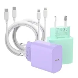 Produktbild: ZNBTCY 4 Pack Schnellladegerät (Hellviolett+Hellgrün) mit 2M iPhone Ladekabel (Weiß) 25W USB C Netzstecker， schnellladekabel， iPhone Netzteil， Ladeadapter für iPhone 14 Pro 13 12 11 SE XS XR X 8P iPad